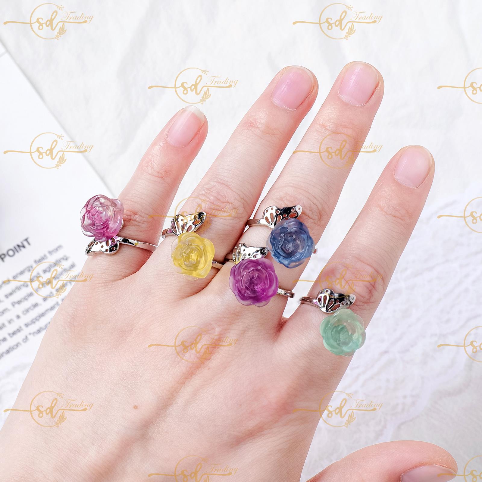 Natural Rainbow Fluorite Gemstone Flower Ring