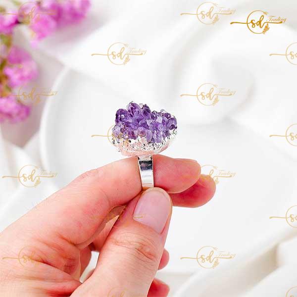 Silver Plated Natural Amethyst Cluster Ring