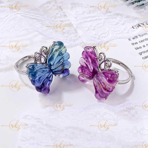 Natural Rainbow Fluorite Carved Butterfly Ring