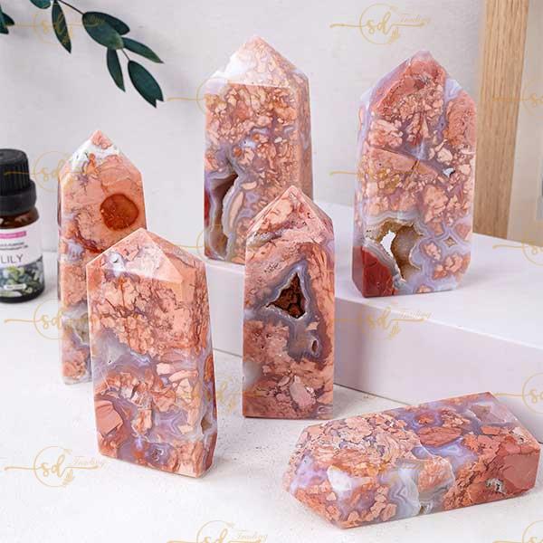 Pink Agate Crystal Four-Sided Tower